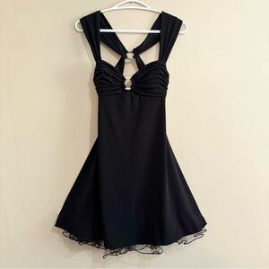 Y2K Black Backless V Cut Party Dress w Crinoline & Rhinestone Accent - Small EUC